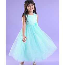 Babyhug Sleeveless Party Frock With Foil Print & Floral Corsage- Mint