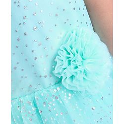 Babyhug Sleeveless Party Frock With Foil Print & Floral Corsage- Mint