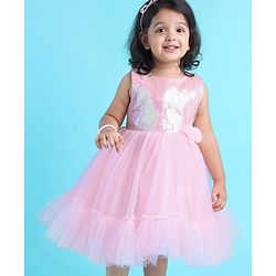 Babyhug Woven Sleeveless Sequined Party Dress with Bow Applique & Mesh Detailing - Pink