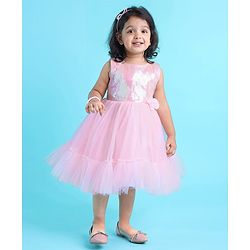 Babyhug Woven Sleeveless Sequined Party Dress with Bow Applique & Mesh Detailing - Pink