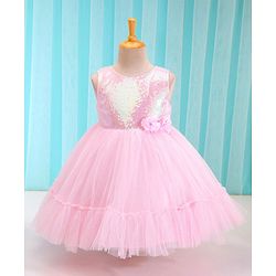 Babyhug Woven Sleeveless Sequined Party Dress with Bow Applique & Mesh Detailing - Pink