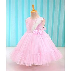 Babyhug Woven Sleeveless Sequined Party Dress with Bow Applique & Mesh Detailing - Pink