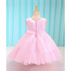 Babyhug Woven Sleeveless Sequined Party Dress with Bow Applique & Mesh Detailing - Pink
