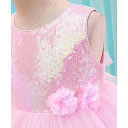 Babyhug Woven Sleeveless Sequined Party Dress with Bow Applique & Mesh Detailing - Pink