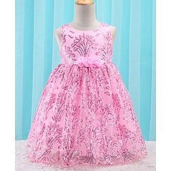 Babyhug Sleeveless Party Frock With Sequin Embroidery & Floral Corsage- Peach