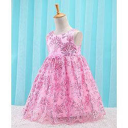 Babyhug Sleeveless Party Frock With Sequin Embroidery & Floral Corsage- Peach