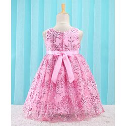 Babyhug Sleeveless Party Frock With Sequin Embroidery & Floral Corsage- Peach