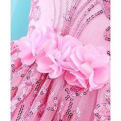 Babyhug Sleeveless Party Frock With Sequin Embroidery & Floral Corsage- Peach