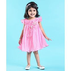 Babyhug Flutter Sleeves Pleated A Line Party Frock With Floral Embroidery- Pink