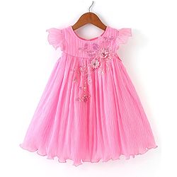 Babyhug Flutter Sleeves Pleated A Line Party Frock With Floral Embroidery- Pink