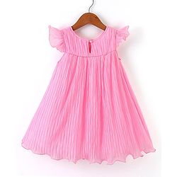 Babyhug Flutter Sleeves Pleated A Line Party Frock With Floral Embroidery- Pink