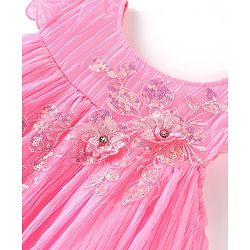 Babyhug Flutter Sleeves Pleated A Line Party Frock With Floral Embroidery- Pink