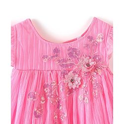 Babyhug Flutter Sleeves Pleated A Line Party Frock With Floral Embroidery- Pink