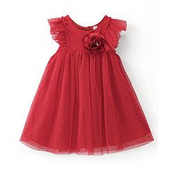 Babyhug Sleeveless Mesh Party Frock With Floral Corsage - Red