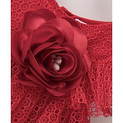 Babyhug Sleeveless Mesh Party Frock With Floral Corsage - Red