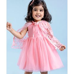Babyhug Woven Sleeveless Party Frock with Cape Floral Embroidery - Peach