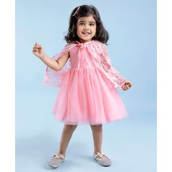 Babyhug Woven Sleeveless Party Frock with Cape Floral Embroidery - Peach