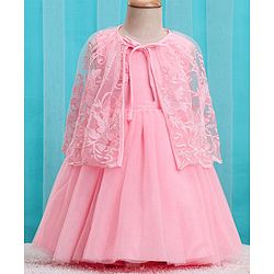 Babyhug Woven Sleeveless Party Frock with Cape Floral Embroidery - Peach