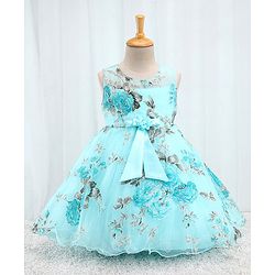 Babyhug Sleeveless  Organza Party Frock With Floral Print & Bow Applique- Grey