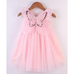 Babyhug Sleeveless Party Frock With Butterfly Wings Corsage & Sequine Detailing - Pink