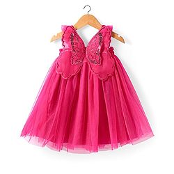 Babyhug Sleeveless Party Frock With Butterfly Wings Corsage & Sequine Detailing - Pink