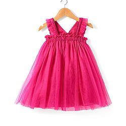 Babyhug Sleeveless Party Frock With Butterfly Wings Corsage & Sequine Detailing - Pink