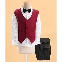 Babyhug Woven Full Sleeves Solid Party Suit with Bow Tie - Maroon & Black