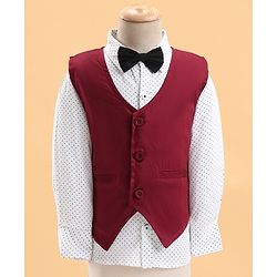 Babyhug Woven Full Sleeves Solid Party Suit with Bow Tie - Maroon & Black