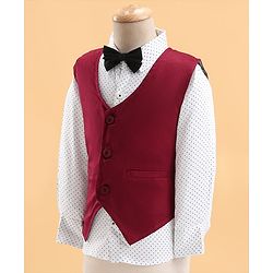 Babyhug Woven Full Sleeves Solid Party Suit with Bow Tie - Maroon & Black