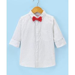 Babyhug Full Sleeves Party Wear Shirt with Bow Polka Dot Print - White