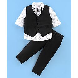 Babyhug Cotton  Woven Blend Full Sleeves Polka Dot Print  Party Suit- White & Black