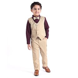 Babyhug Cotton Full Sleeves Party Wear Suit With Blazer Heart Print - Beige & Maroon