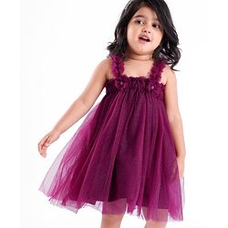 Babyhug Singlet Sleeves Mesh Detailing A-Line Glittery Party Frock - Purple