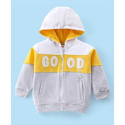 Babyhug Full Sleeves Cut & Sew Sweatjacket with Hood & Graphic Print - Ecru Melange
