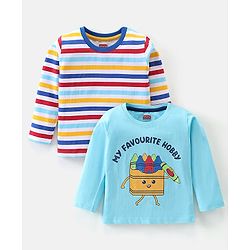 Babyhug Cotton Full Sleeves T-Shirt Stripes & Crayons Print Pack of 2- Blue Red & Yellow