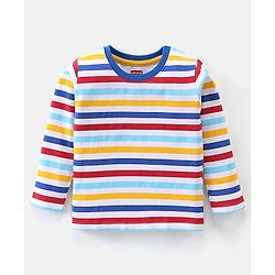 Babyhug Cotton Full Sleeves T-Shirt Stripes & Crayons Print Pack of 2- Blue Red & Yellow