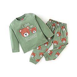 Babyhug Cotton Knit Full Sleeves Night Suit Bear Print - Green