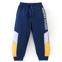 Babyhug Cotton Knit Full Sleeves T-Shirt & Lounge Pant Set Text Print - Blue Yellow & Grey
