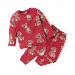 Babyhug Cotton Knit Full Sleeves Night Suit Bear Print - Red & Maroon