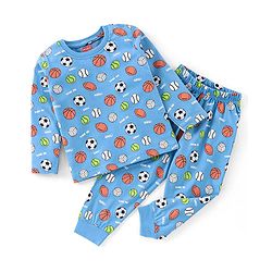 Babyhug Single Jersey Full Sleeves Night Suit Ball Print - Blue