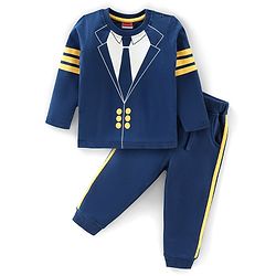 Babyhug Cotton Knit Full Sleeves T-Shirt & Lounge Pant Set Coat Print- Navy Blue