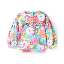Babyhug Cotton Knit Balloon Sleeves Sweatshirt With Floral Print & Frill Detailing - Multicolour