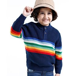 Babyhug Knit Full Sleeves Sweater With Striped - Navy Blue