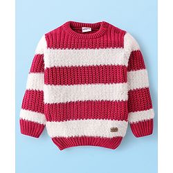 Babyhug Knit Full Sleeves Pullover Sweater Striped - White & Fuschia