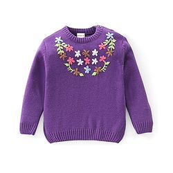 Babyhug Knit Full Sleeves Sweater Pullover with Floral Embroidery -Purple