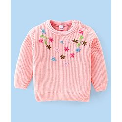 Babyhug Knitted Full Sleeves Sweater With Floral Embroidery - Peach