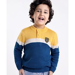 Babyhug Knit Full Sleeves Sweater with Colour Block Design - Blue & Yellow