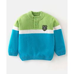 Babyhug Knit Full Sleeves Colour Block Sweater - Mint Blue & Green