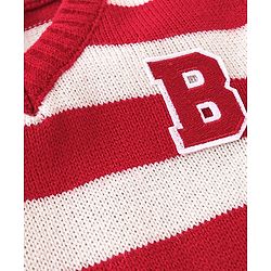 Babyhug Knit Full Sleeves Striped Pullover Sweater with B Applique - Red & White