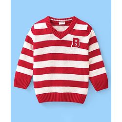 Babyhug Knit Full Sleeves Striped Pullover Sweater with B Applique - Red & White